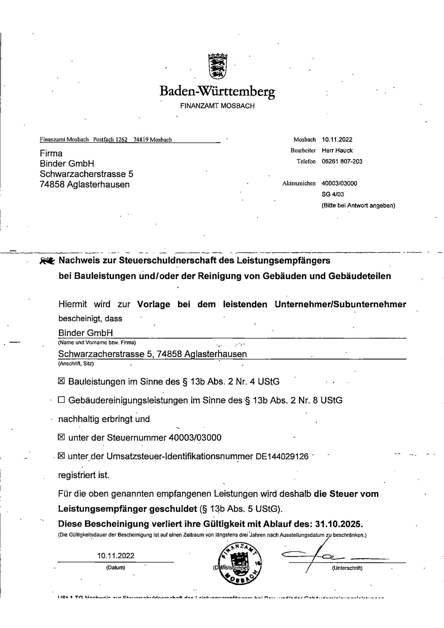 Bauleistungen § 13b UStG - Binder-Bedachungen